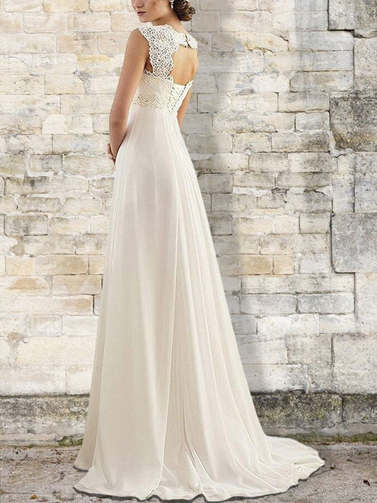 Empire Sleeveless Sweep/Brush Bateau Train Chiffon Wedding Dresses