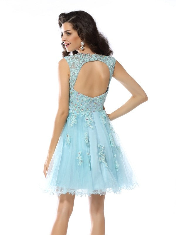 Homecoming Dresses Alexa A-Line/Princess Scoop Beading Applique Sleeveless Short Satin Cocktail Dresses