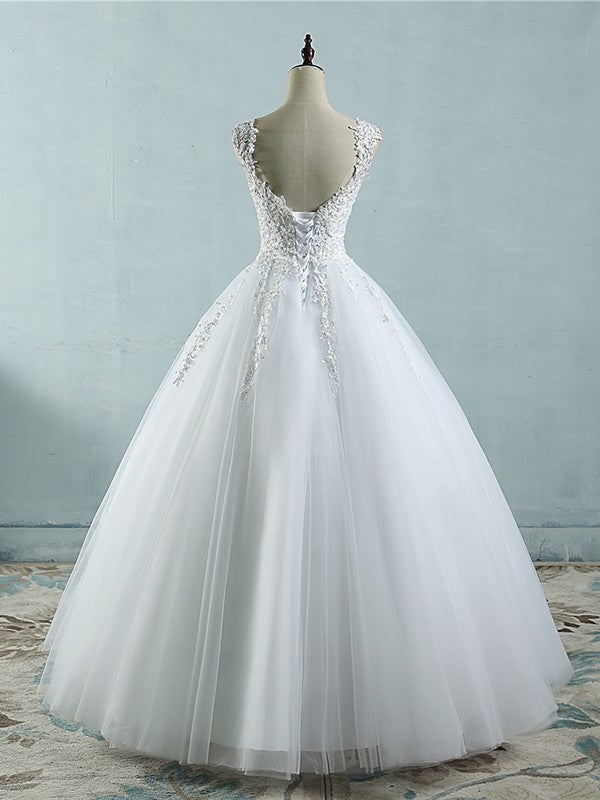 Sweetheart Ball Applique V-neck Gown Sleeveless Floor-Length Tulle Wedding Dresses