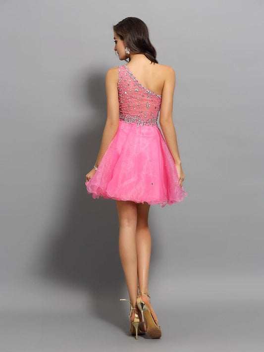 Homecoming Dresses A-Line/Princess One-Shoulder Ruffles Sleeveless Short Organza Cocktail Marina Dresses