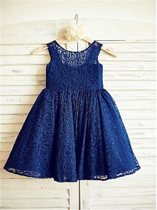 A-line/Princess Bowknot Tea-Length Scoop Lace Sleeveless Flower Girl Dresses