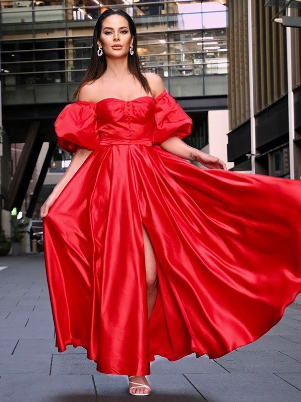 A-Line/Princess 1/2 Satin Off-the-Shoulder Ruffles Sleeves Ankle-Length Dresses