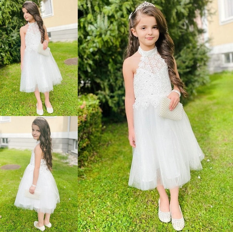 A-Line/Princess Lace Knee-Length Halter Tulle Sleeveless Flower Girl Dresses