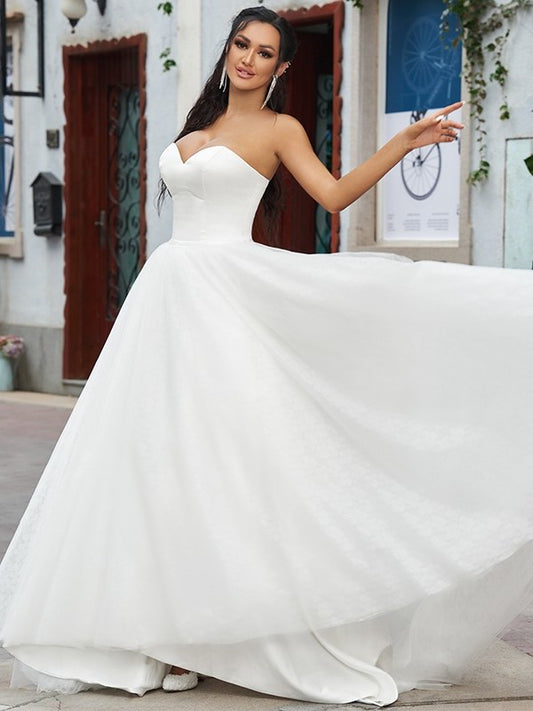 Sweetheart A-Line/Princess Sleeveless Sweep/Brush Ruffles Lace Train Wedding Dresses