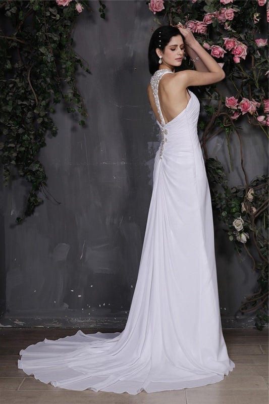 Sleeveless Long Sheath/Column Beading Halter Ruffles Chiffon Wedding Dresses