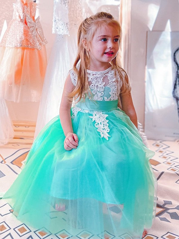 Sleeveless Knee-Length Applique A-Line/Princess Scoop Tulle Flower Girl Dresses