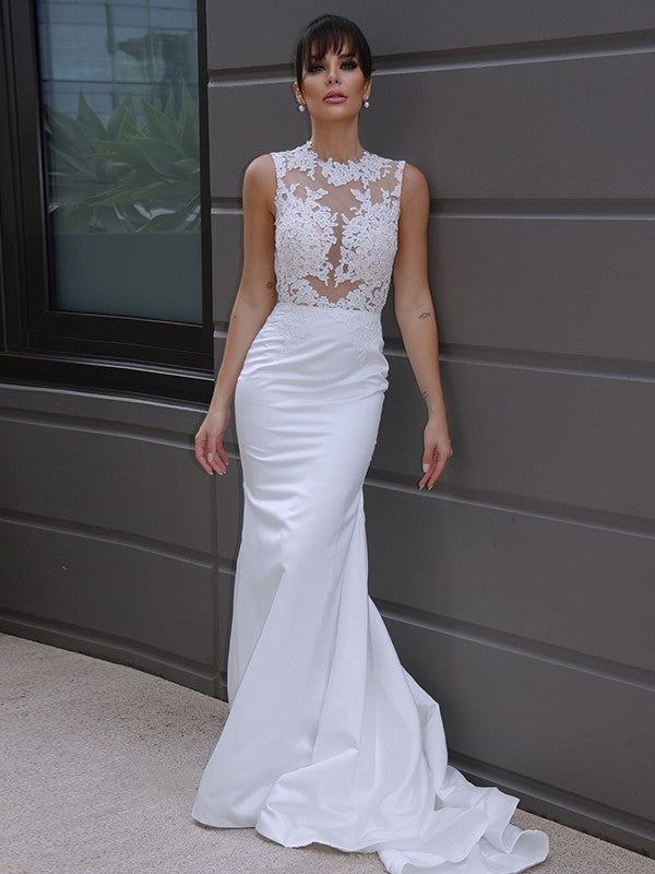 Scoop Trumpet/Mermaid Satin Court Applique Sleeveless Train Wedding Dresses