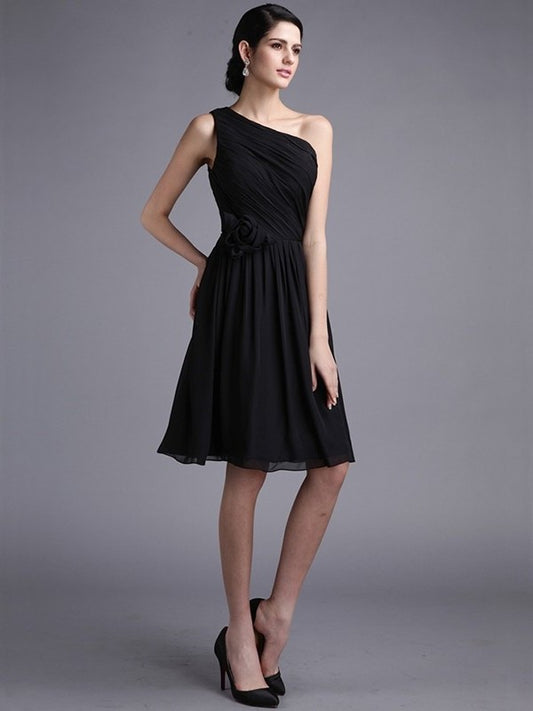 Pleats Sheath/Column One-Shoulder Sleeveless Short Chiffon Bridesmaid Dresses