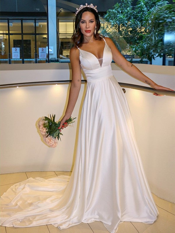 Sleeveless Sweep/Brush Ruffles Straps Spaghetti A-Line/Princess Charmeuse Train Wedding Dresses