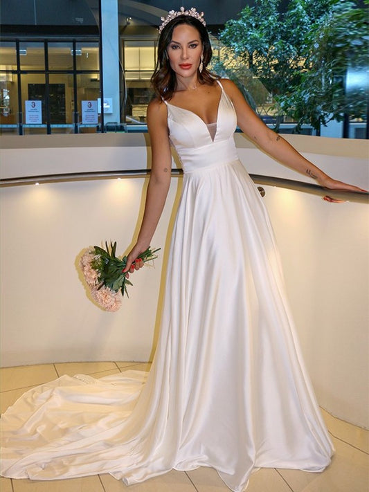 Sleeveless Sweep/Brush Ruffles Straps Spaghetti A-Line/Princess Charmeuse Train Wedding Dresses