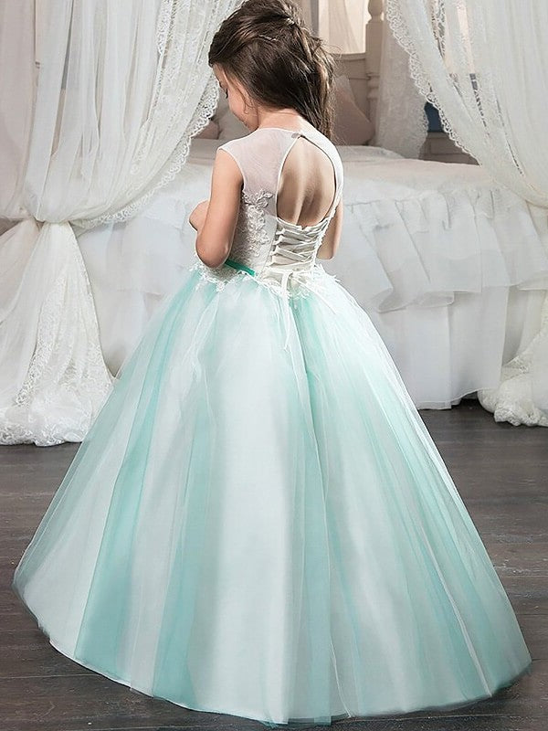 Sash/Ribbon/Belt Gown Floor-Length Tulle Jewel Sleeveless Ball Flower Girl Dresses