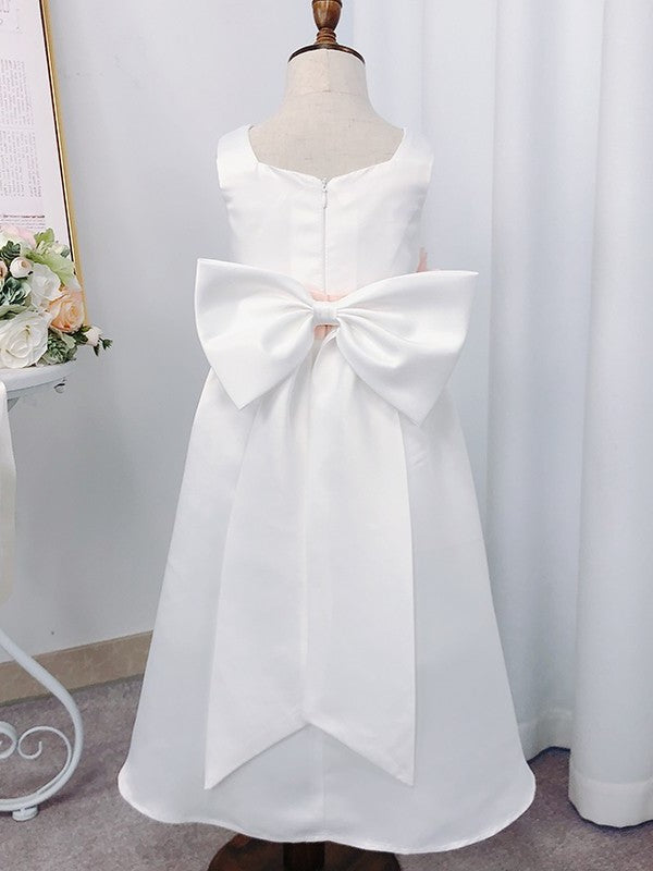 Tea-Length A-Line/Princess Hand-Made Flower Satin Sleeveless Square Flower Girl Dresses