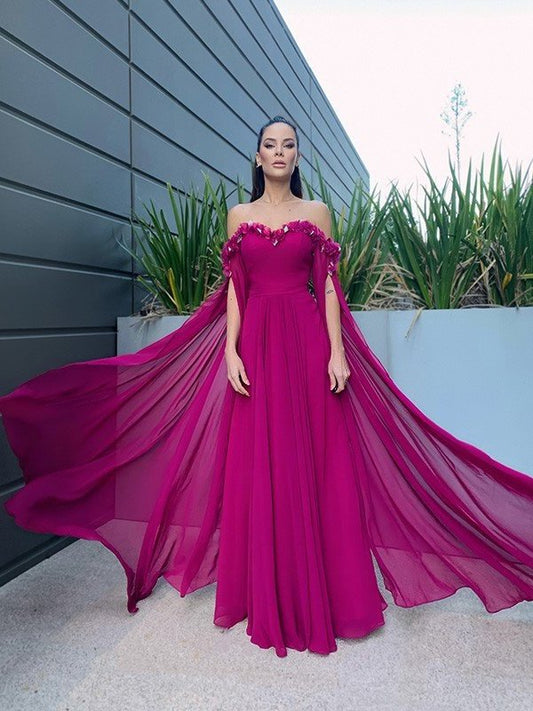 Floor-Length Sleeves A-Line/Princess Long Chiffon Ruffles Off-the-Shoulder Dresses