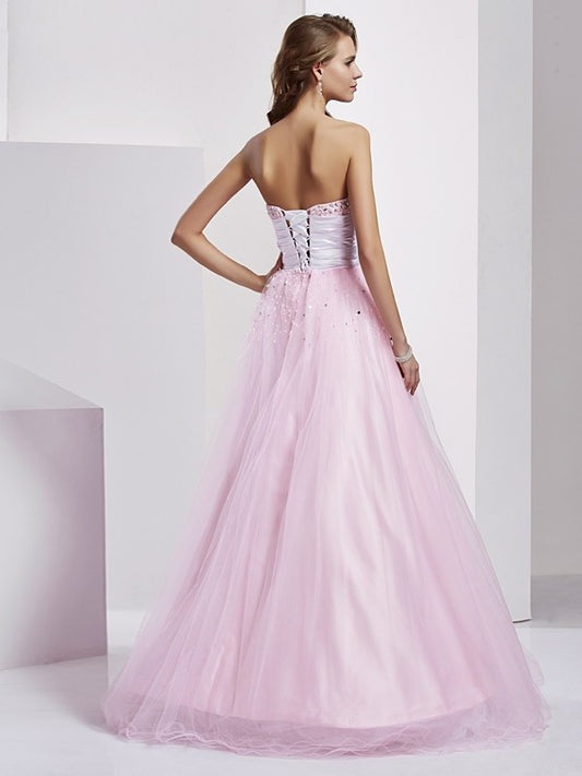 Elastic Beading Long Sleeveless Woven Strapless Gown Ball Satin Quinceanera Dresses