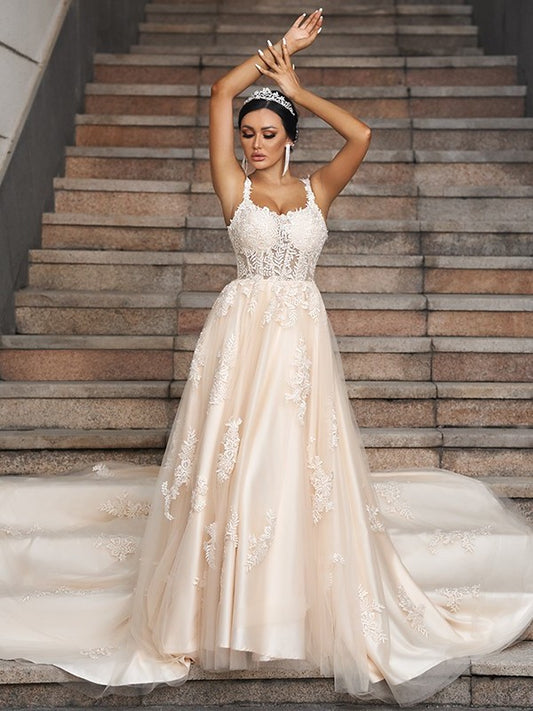 Sleeveless Tulle Applique Court A-Line/Princess Straps Train Wedding Dresses