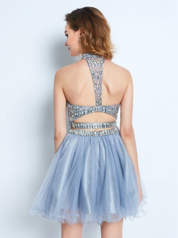 A-Line/Princess High Neck Sleeveless Beading Short/Mini Homecoming Dresses Net Two Piece Cameron Dresses