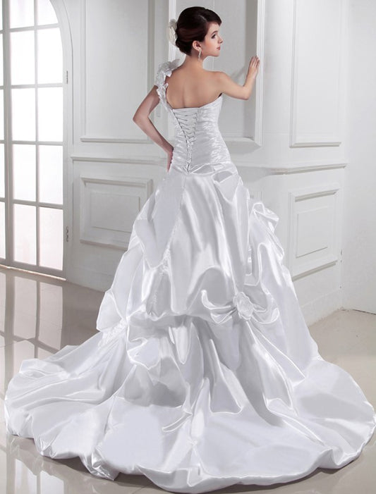 Pleats A-Line/Princess One-shoulder Sweetheart Sleeveless Woven Elastic Long Satin Wedding Dresses