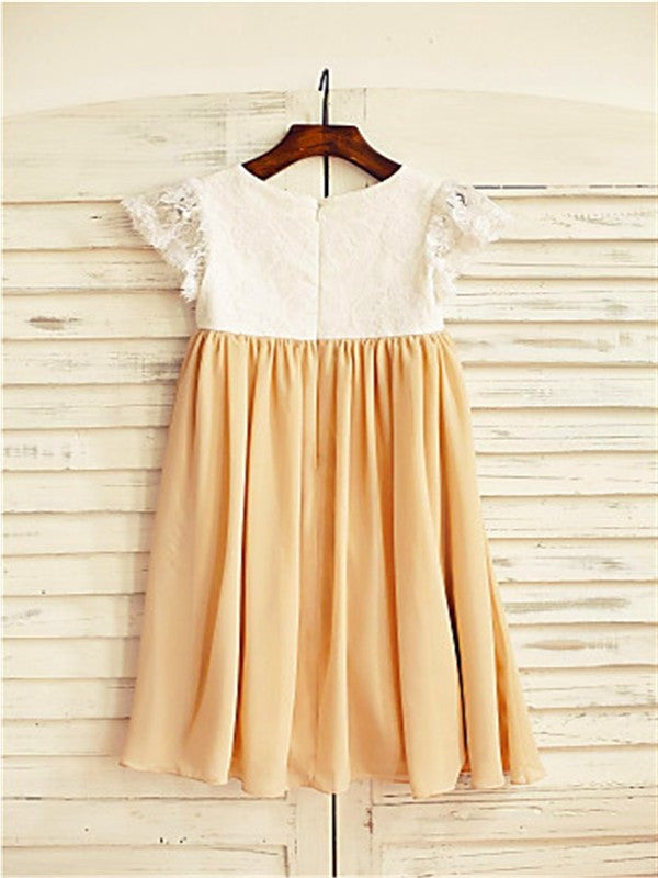 Scoop Tea-Length Chiffon A-line/Princess Sleeves Short Flower Girl Dresses