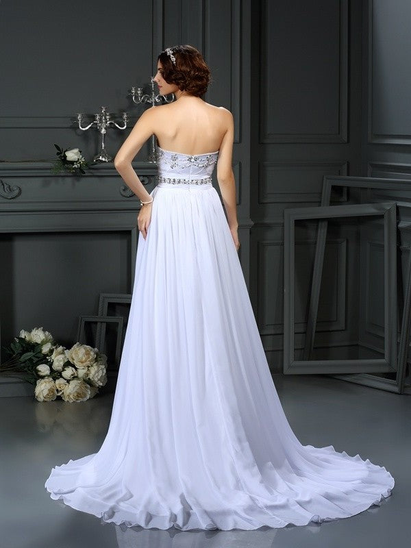 Long Beading A-Line/Princess Sleeveless Sweetheart Chiffon Wedding Dresses