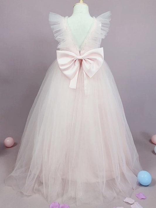 A-Line/Princess Bowknot Floor-Length Sleeveless Tulle Scoop Flower Girl Dresses