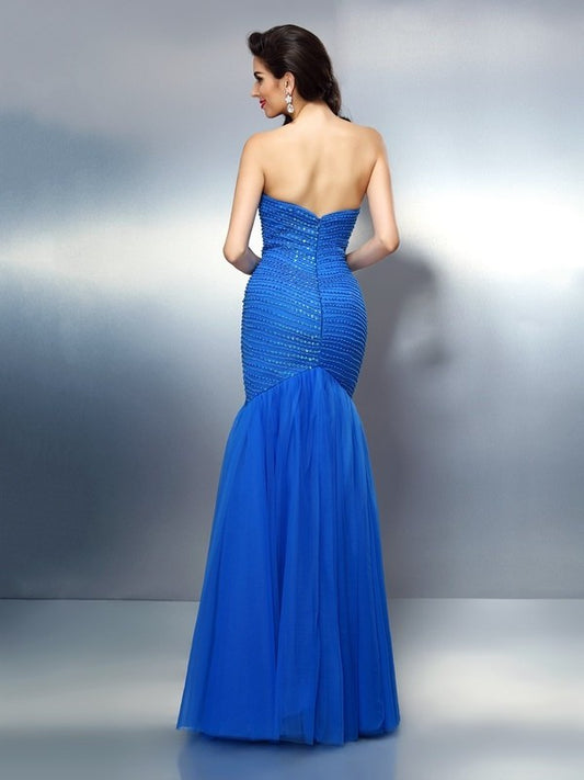 Sweetheart Trumpet/Mermaid Rhinestone Sleeveless Long Satin Dresses