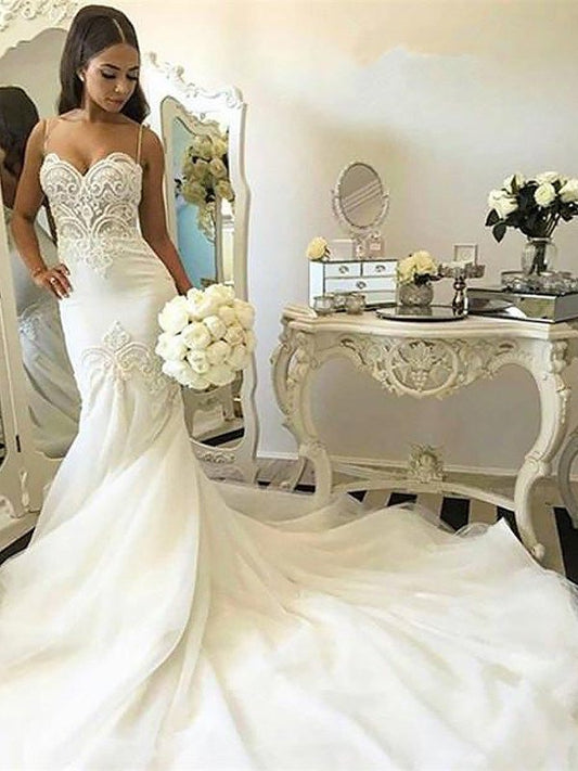 Straps Chapel Sleeveless Spaghetti Train Trumpet/Mermaid Tulle Wedding Dresses