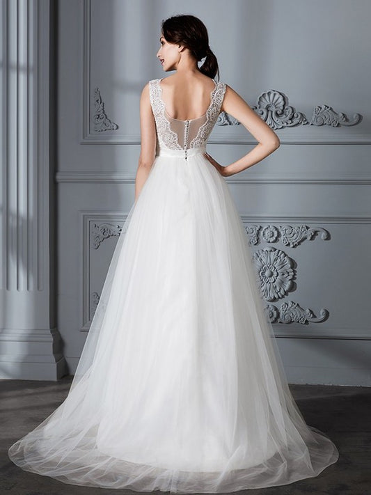 A-Line/Princess Train V-neck Sleeveless Sweep/Brush Tulle Wedding Dresses