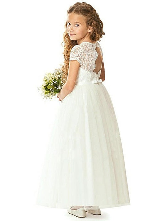 A-Line/Princess Short Ankle-Length Lace Tulle Sleeves Scoop Flower Girl Dresses