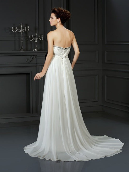 Sweetheart Sleeveless A-Line/Princess Ruffles Long Chiffon Wedding Dresses