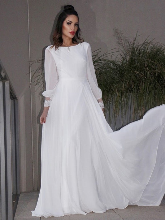 Sweep/Brush Scoop Ruffles Sleeves Chiffon Long A-Line/Princess Train Wedding Dresses