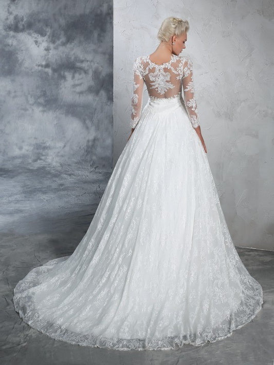 Long Sleeves Gown Lace Jewel Long Ball Lace Wedding Dresses