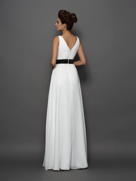 Sleeveless Sash/Ribbon/Belt A-Line/Princess Long V-neck Chiffon Wedding Dresses