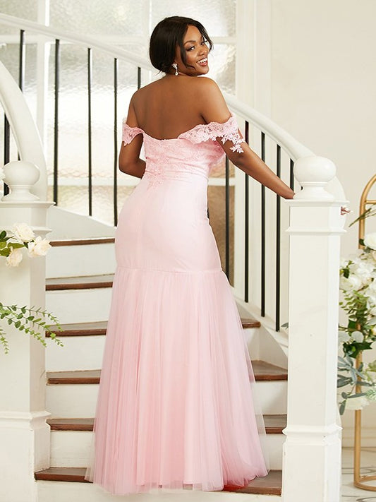 Lace Off-the-Shoulder Stretch Sleeveless Crepe Sheath/Column Floor-Length Bridesmaid Dresses