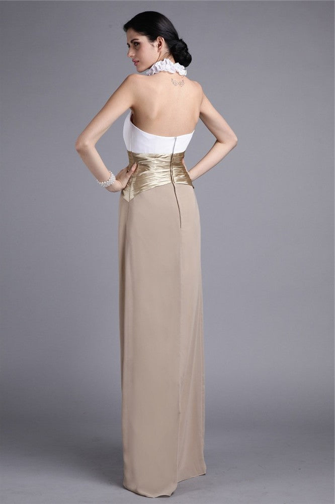 Long Pleats Elastic Sheath/Column Satin Ruffles Sleeveless Neck Woven High Chiffon Bridesmaid Dresses