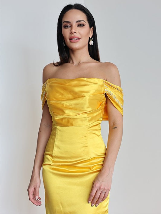 Ruched Satin Sleeveless Off-the-Shoulder Sheath/Column Sweep/Brush Train Dresses