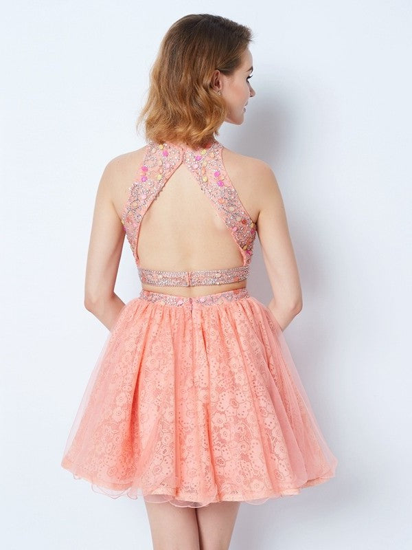 Lace Jewel Beading Short/Mini Sleeveless A-Line/Princess Two Piece Dresses