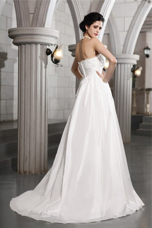 A-Line/Princess Long Applique Strapless Sleeveless Beading Taffeta Wedding Dresses