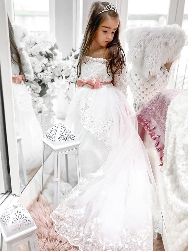 Sash/Ribbon/Belt Tulle Sweep/Brush Off-the-Shoulder 1/2 Train Sleeves A-Line/Princess Flower Girl Dresses