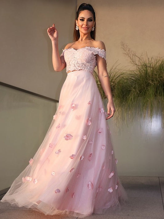 Hand-Made A-Line/Princess Sleeveless Tulle Floor-Length Flower Off-the-Shoulder Two Piece Dresses