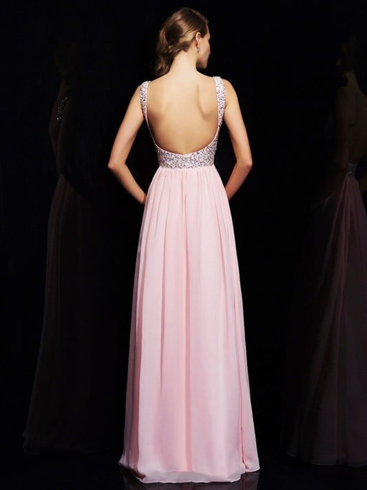 V-neck Beading A-Line/Princess Sleeveless Long Chiffon Dresses