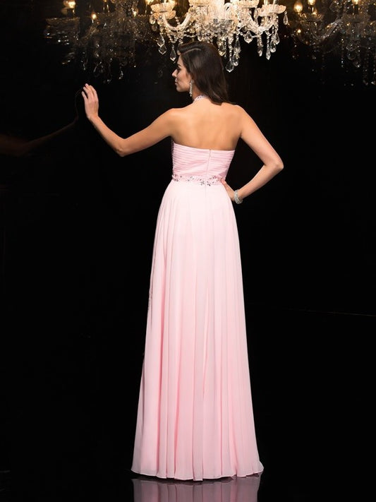 Sleeveless Halter Beading A-Line/Princess Long Chiffon Dresses