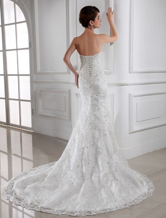 Strapless Beading Lace Trumpet/Mermaid Sleeveless Satin Wedding Dresses