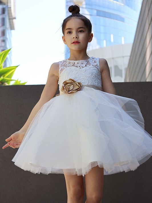 Sleeveless Lace Knee-Length A-Line/Princess Tulle Scoop Flower Girl Dresses