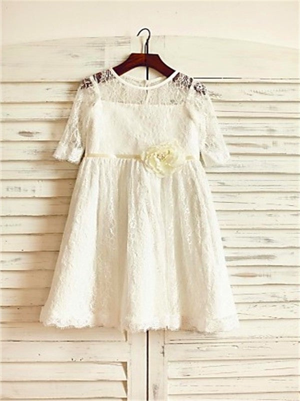 Flower Sleeves 3/4 Ankle-Length Hand-made Lace Scoop A-line/Princess Flower Girl Dresses