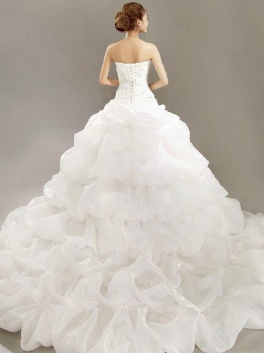 Cathedral Gown Pleats Lace Sleeveless Strapless Beading Ball Train Organza Wedding Dresses