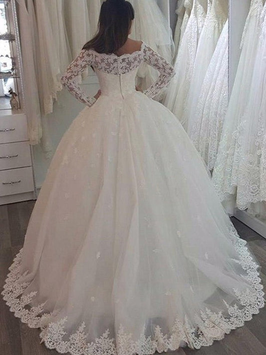 Applique Gown Ball Off-the-Shoulder Long Sleeves Train Sweep/Brush Lace Wedding Dresses