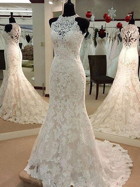 Sheath/Column Sweep/Brush Train Sleeveless Applique Scoop Lace Wedding Dresses