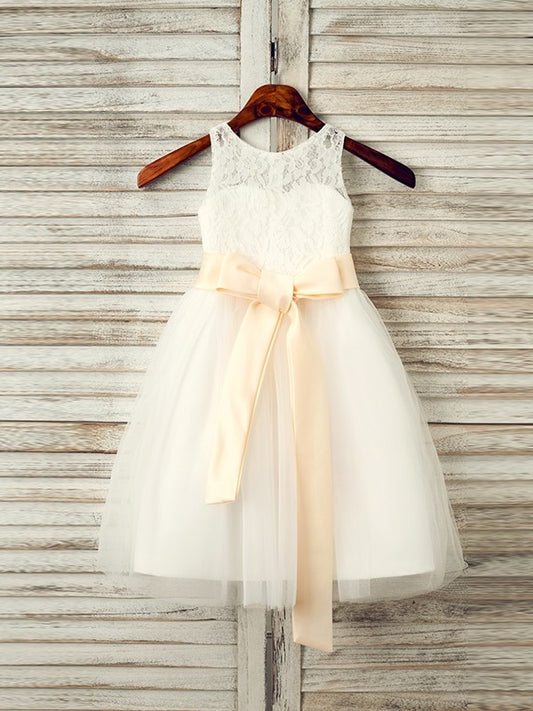 A-Line/Princess Sleeveless Scoop Tulle Tea-Length Sash/Ribbon/Belt Flower Girl Dresses