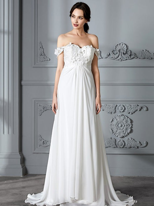 A-Line/Princess Sleeveless Chiffon Off-the-Shoulder Sweep/Brush Train Wedding Dresses