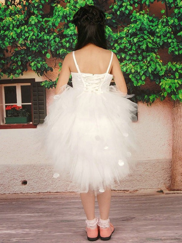 Sleeveless Tulle Short A-line/Princess Flower Hand-made Straps Flower Girl Dresses